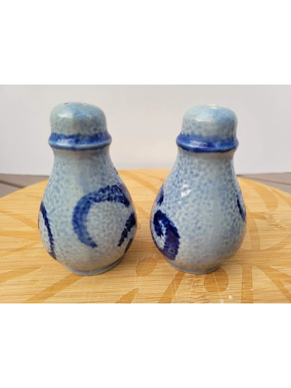 Blue Ceramic Salt Pepper Shakers Set Of 2 Small Brush Swirl Traditional Kitchen